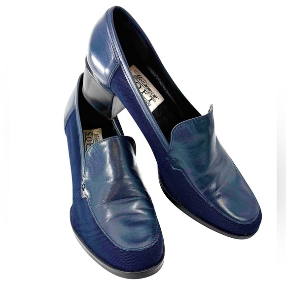 Vintage Worthington Soft Collection Navy Leather Mesh Block Heel Loafers 7.5M - Picture 1 of 10